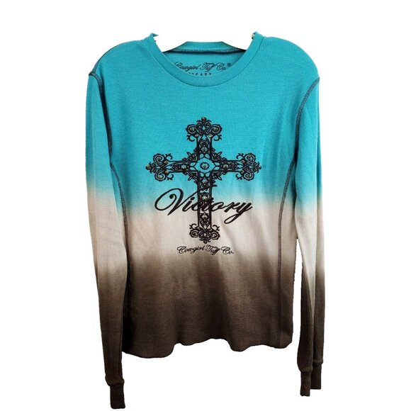 Cowgirl Tuff Co Womens Top Small Blue Brown Thermal Embroidered Cross Western - Picture 1 of 6